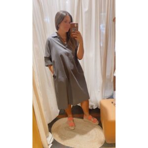 VM10 Vestido Lino Midi Con Cuello Gris